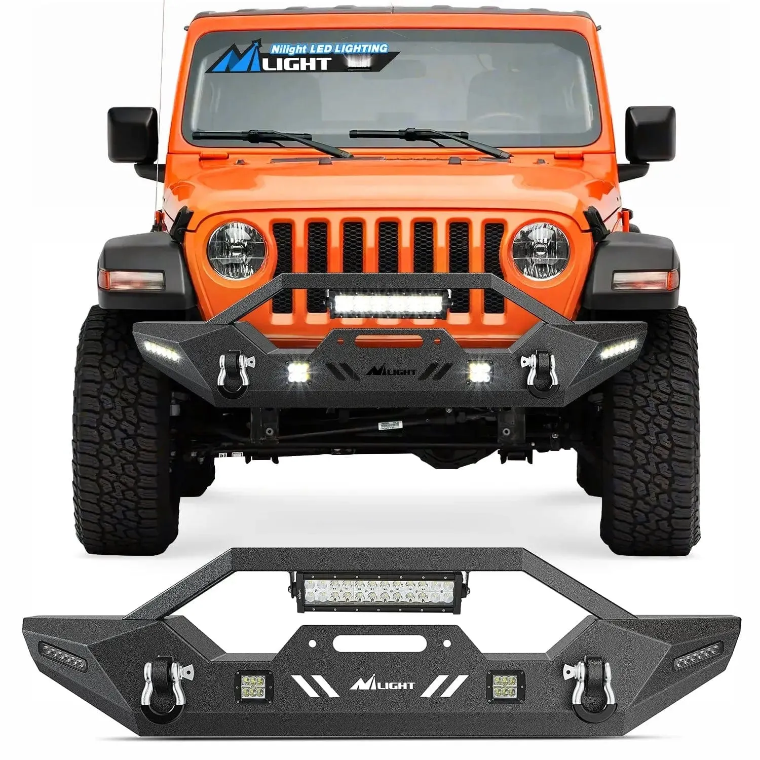 2007-2018 Jeep Wrangler JK/JKU 2018-2025 JL/JLU 2020-2025 Gladiator JT Front Bumper with 72W LED Light Bar 2Pcs 18W Light Pod 2Pcs 18W Single Row Work Light Winch Plate