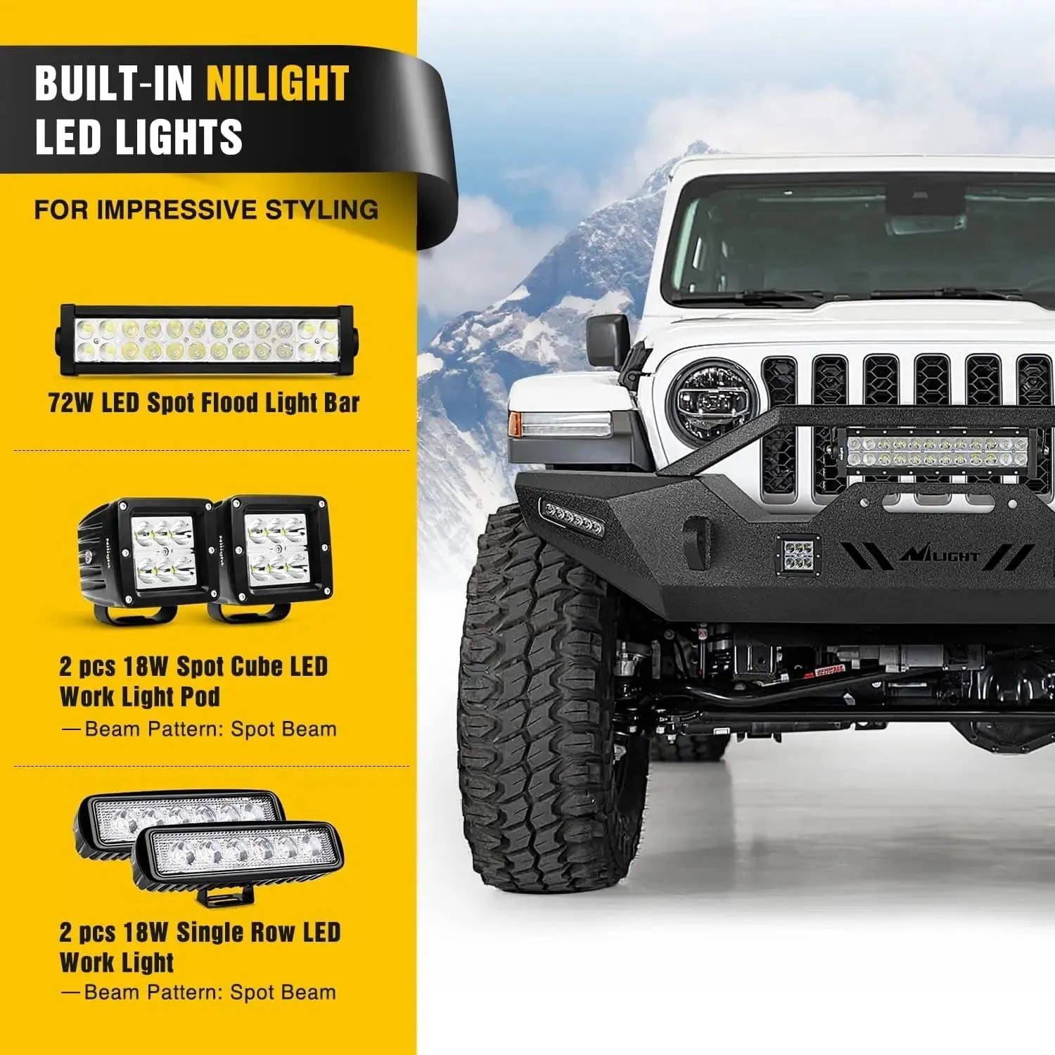 2007-2018 Jeep Wrangler JK/JKU 2018-2025 JL/JLU 2020-2025 Gladiator JT Front Bumper with 72W LED Light Bar 2Pcs 18W Light Pod 2Pcs 18W Single Row Work Light Winch Plate