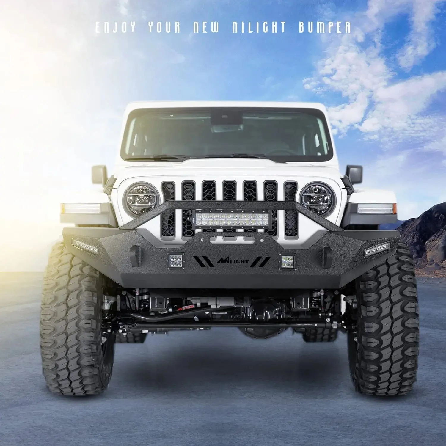 2007-2018 Jeep Wrangler JK/JKU 2018-2025 JL/JLU 2020-2025 Gladiator JT Front Bumper with 72W LED Light Bar 2Pcs 18W Light Pod 2Pcs 18W Single Row Work Light Winch Plate