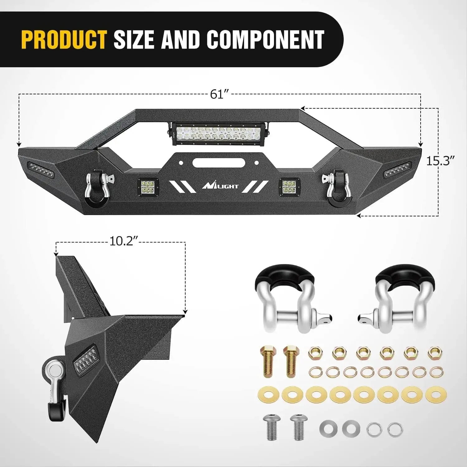 2007-2018 Jeep Wrangler JK/JKU 2018-2025 JL/JLU 2020-2025 Gladiator JT Front Bumper with 72W LED Light Bar 2Pcs 18W Light Pod 2Pcs 18W Single Row Work Light Winch Plate