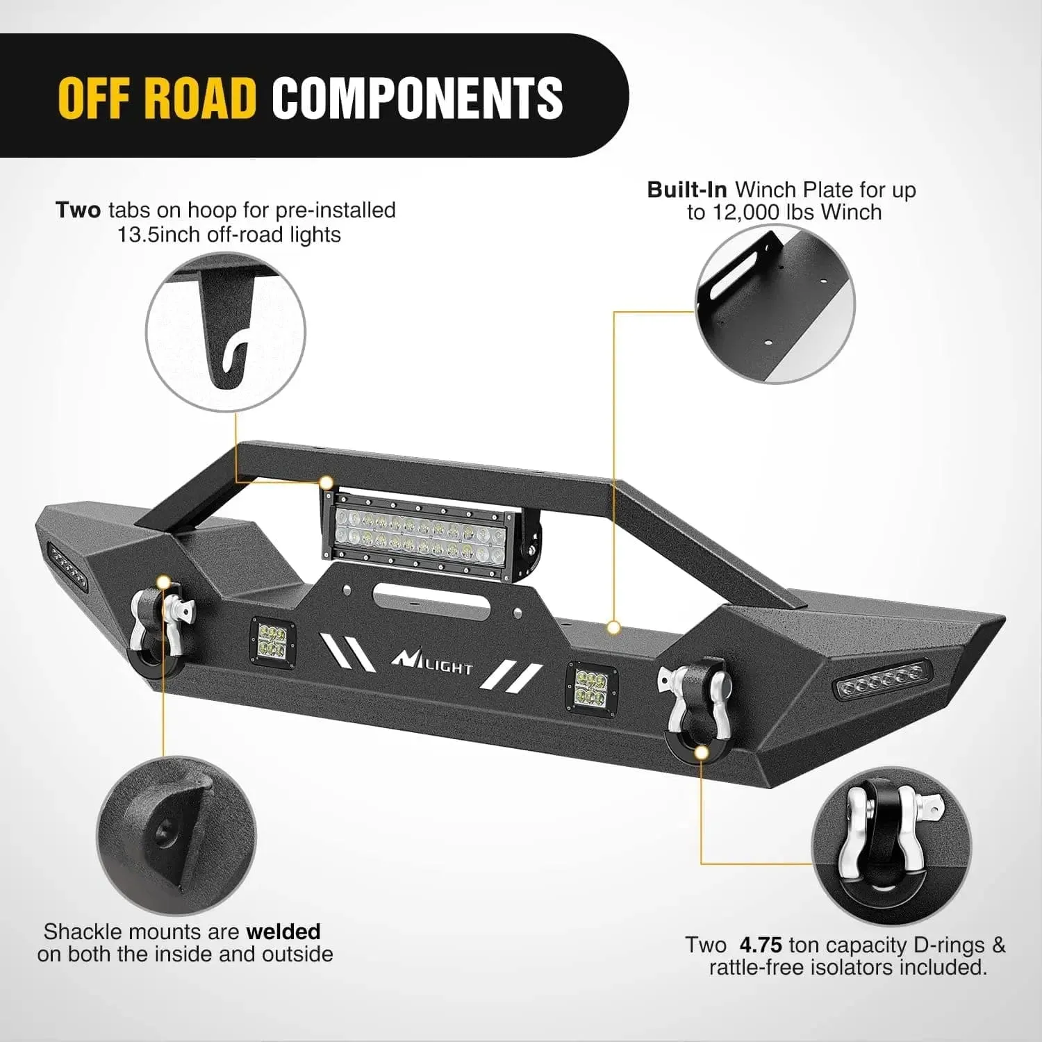 2007-2018 Jeep Wrangler JK/JKU 2018-2025 JL/JLU 2020-2025 Gladiator JT Front Bumper with 72W LED Light Bar 2Pcs 18W Light Pod 2Pcs 18W Single Row Work Light Winch Plate