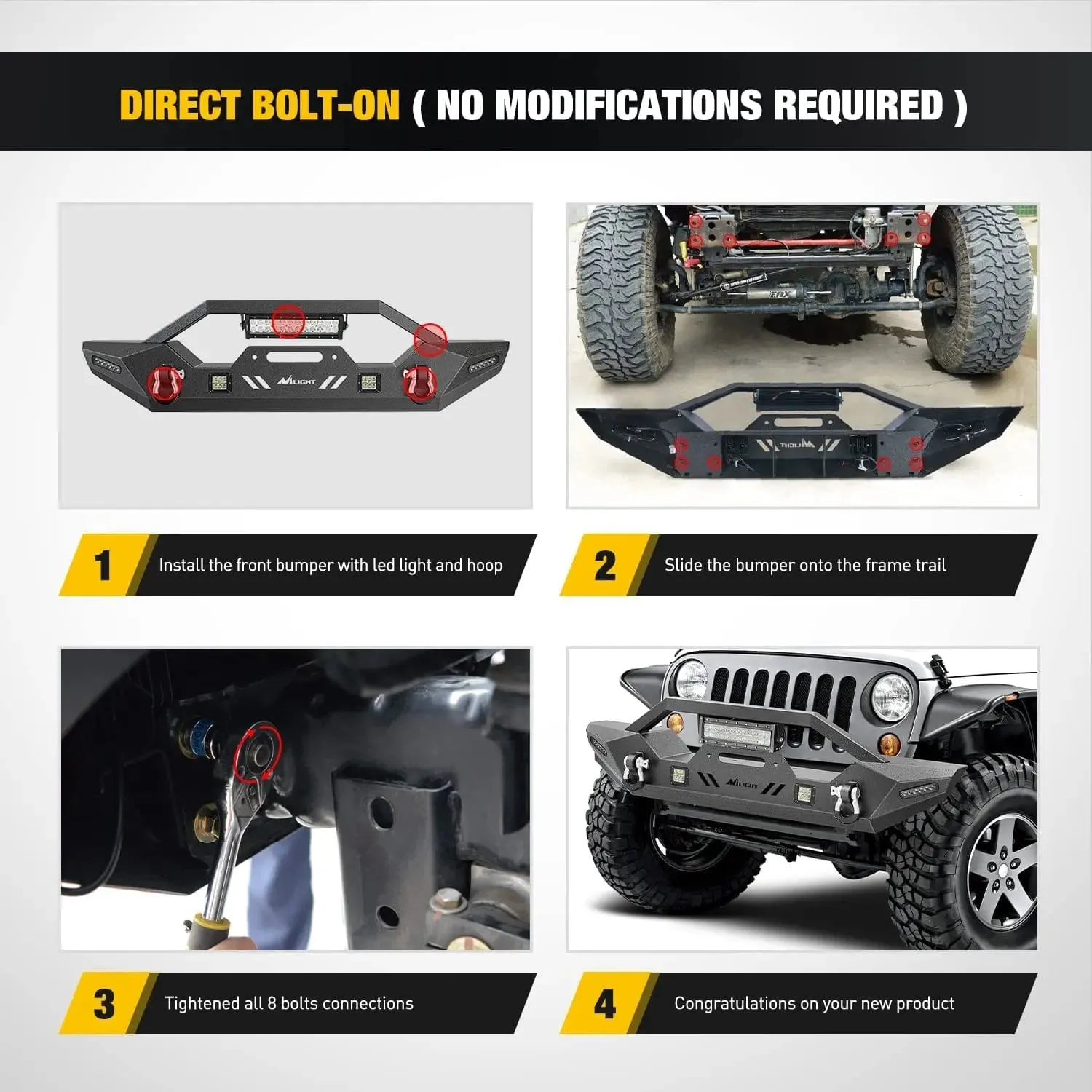 2007-2018 Jeep Wrangler JK/JKU 2018-2025 JL/JLU 2020-2025 Gladiator JT Front Bumper with 72W LED Light Bar 2Pcs 18W Light Pod 2Pcs 18W Single Row Work Light Winch Plate