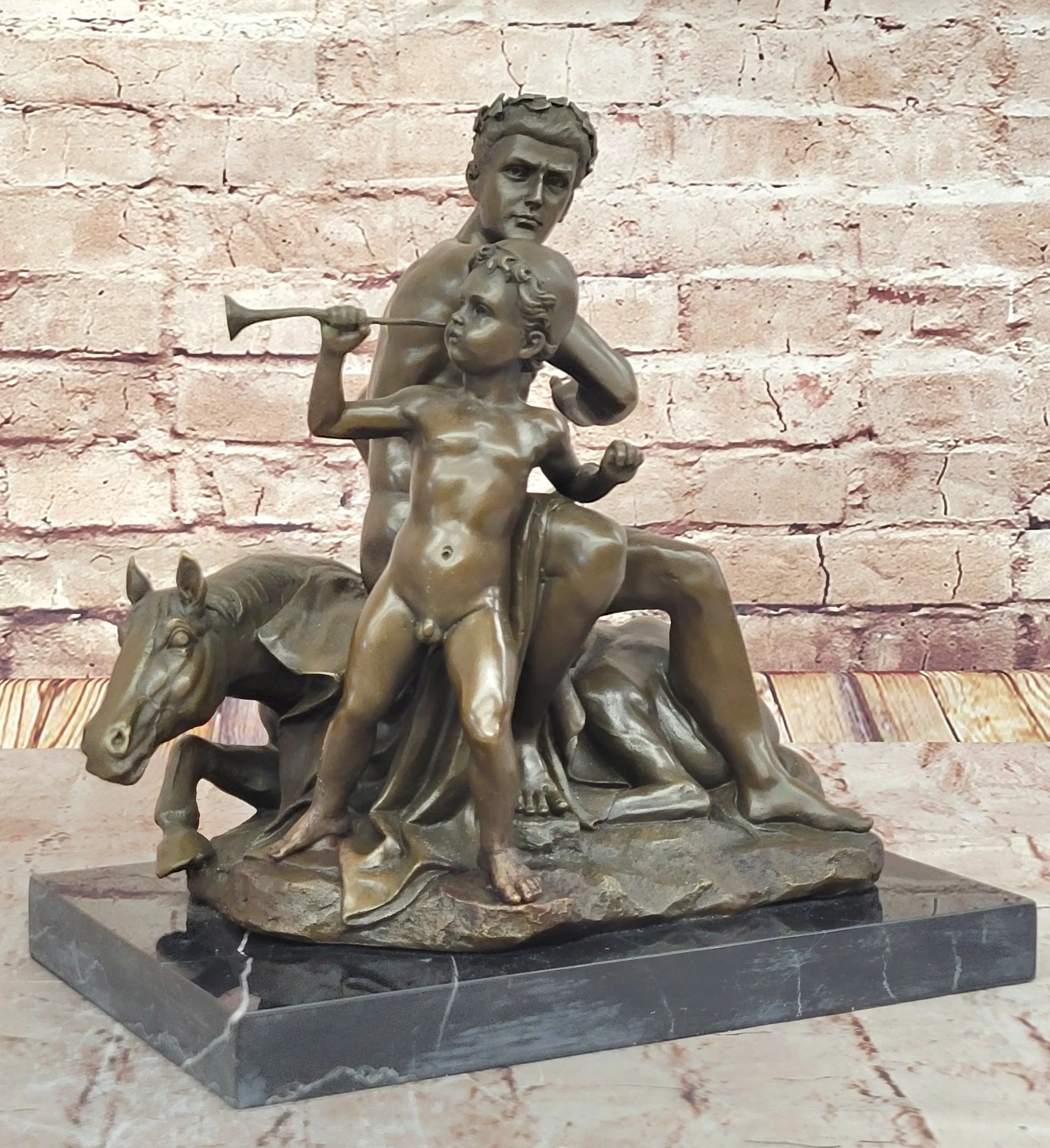Bronze Sculpture of Roman Emperor and Child with Horse and Trumpet