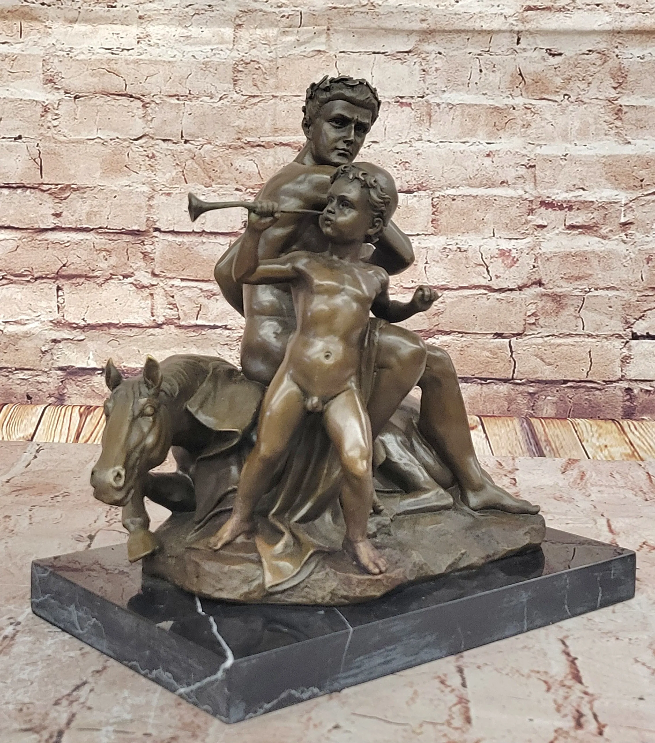 Bronze Sculpture of Roman Emperor and Child with Horse and Trumpet