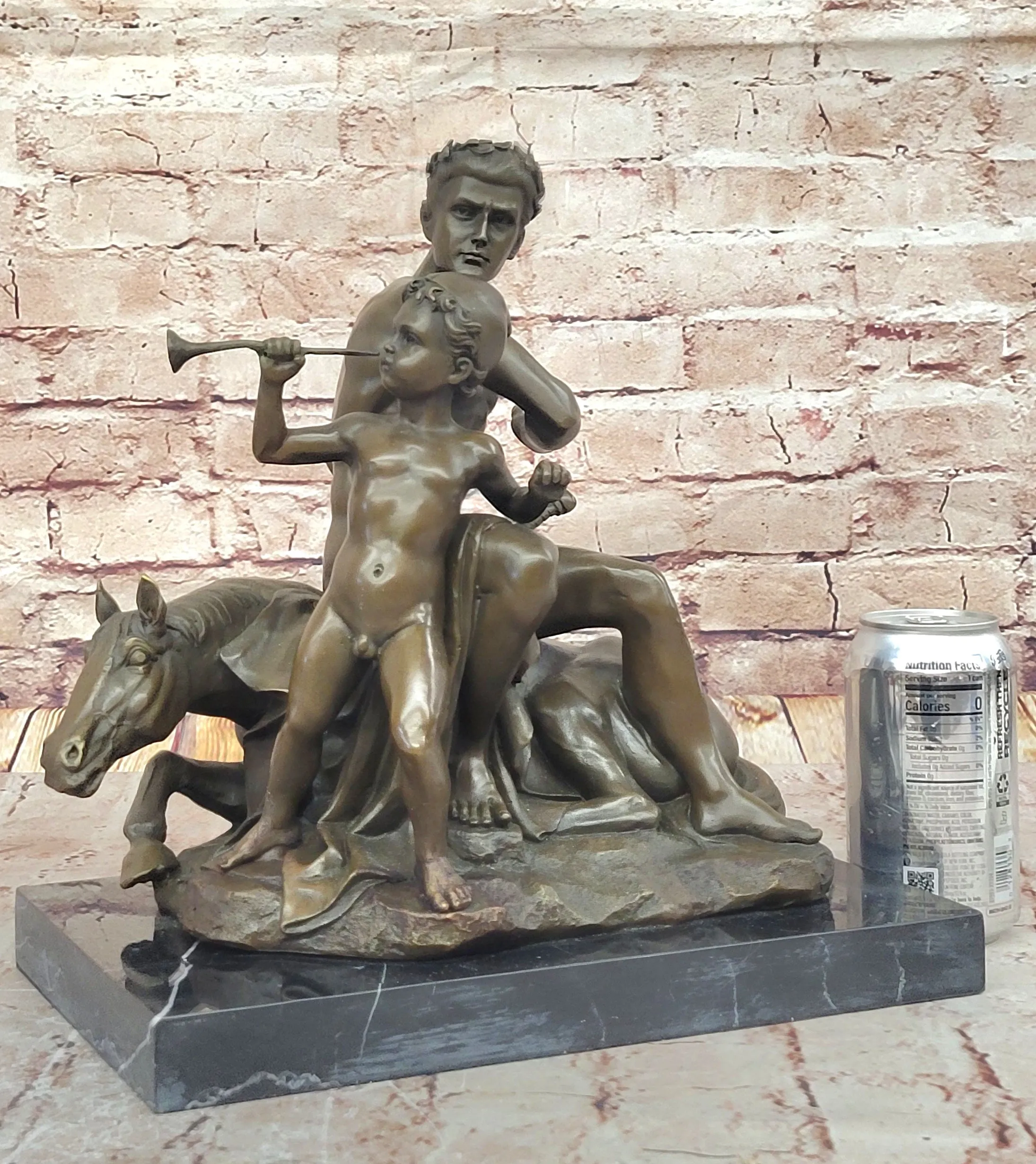 Bronze Sculpture of Roman Emperor and Child with Horse and Trumpet