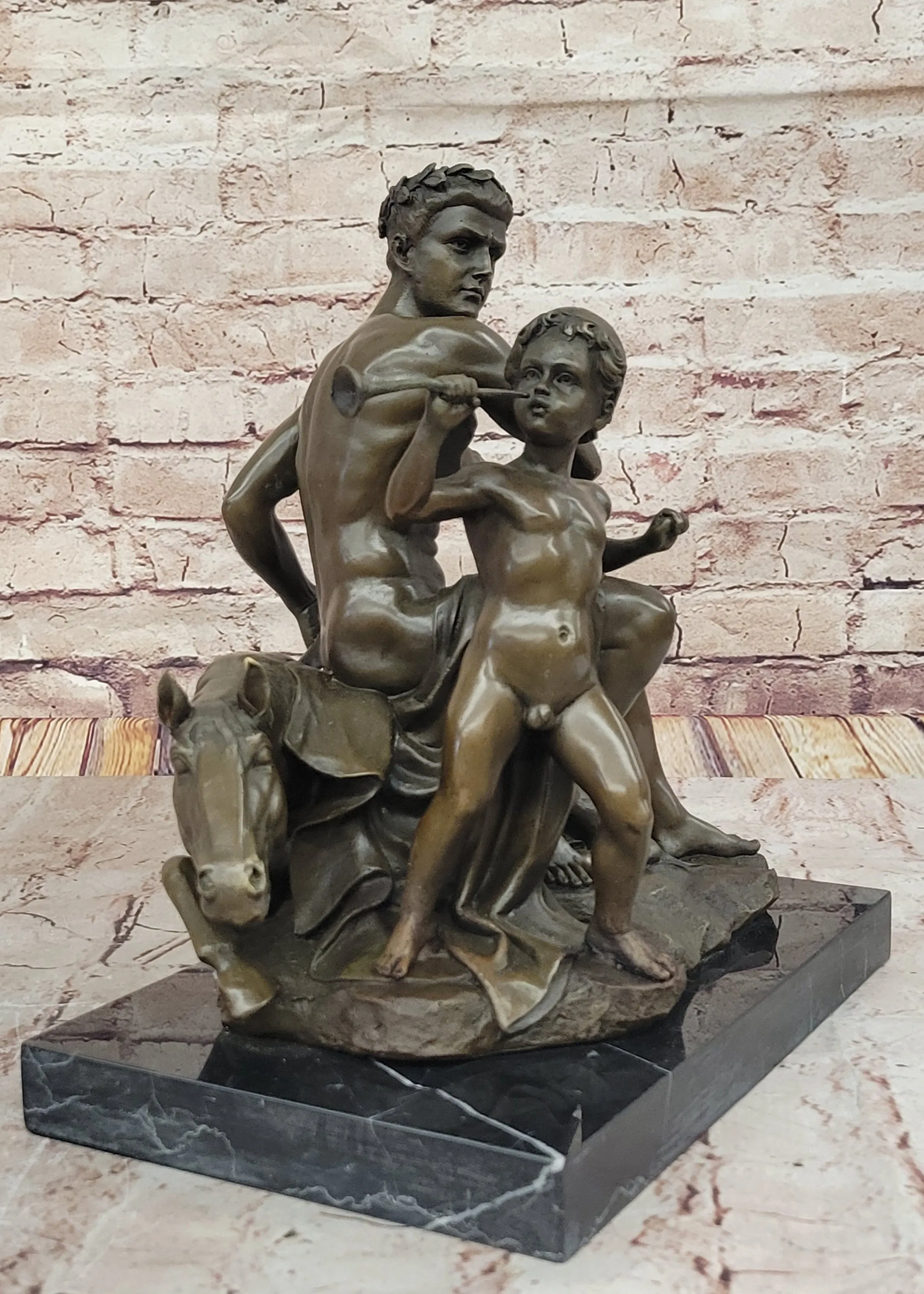 Bronze Sculpture of Roman Emperor and Child with Horse and Trumpet