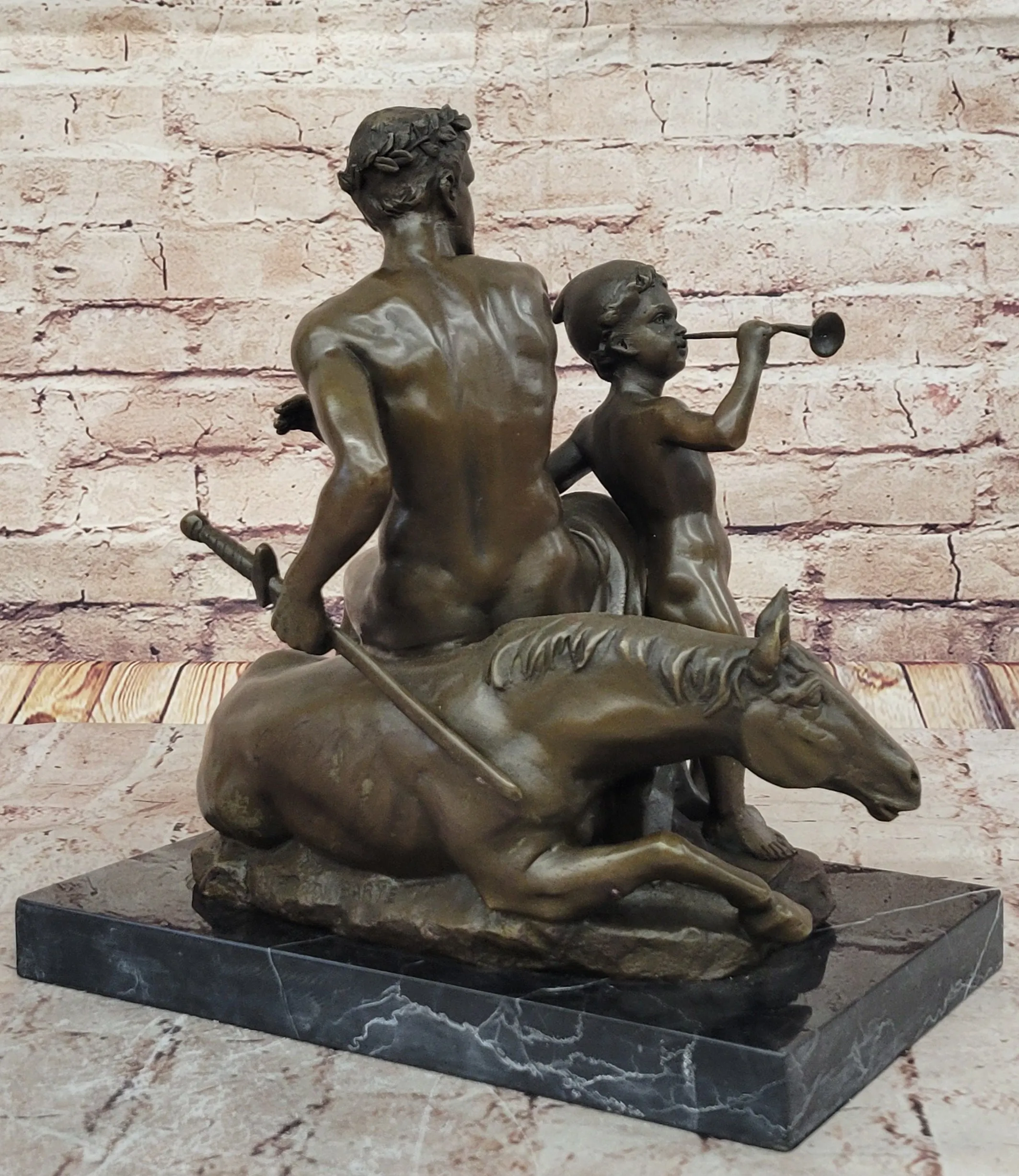 Bronze Sculpture of Roman Emperor and Child with Horse and Trumpet