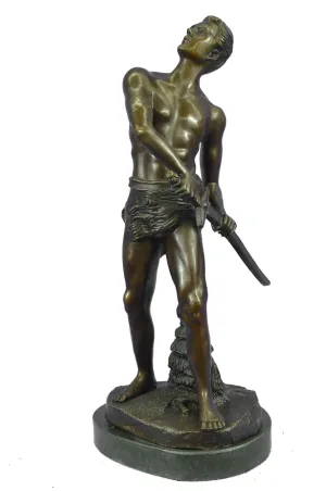 Gilt Bronze Sculpture Warrior with Sword by Adrien Gaudez Marble Figurine Figure