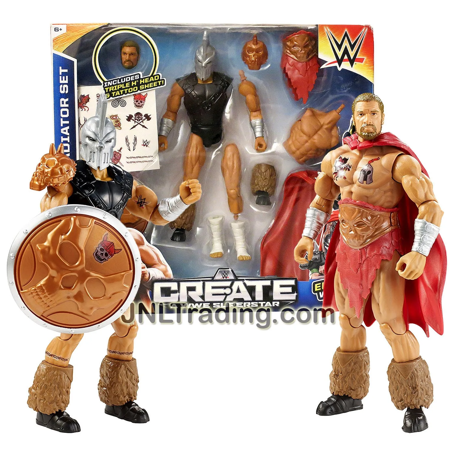 Year 2015 World Wrestling Entertainment Create A WWE Superstar 7 Inch Tall Figure Set - GLADIATOR SET with Triple H and Warrior Heads, 2 Bodies, 2 Pair of Feet, Cape, Mask and Shield